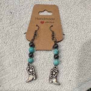 Handmade Turquoise Bead Western Boot Dangle Earrings
